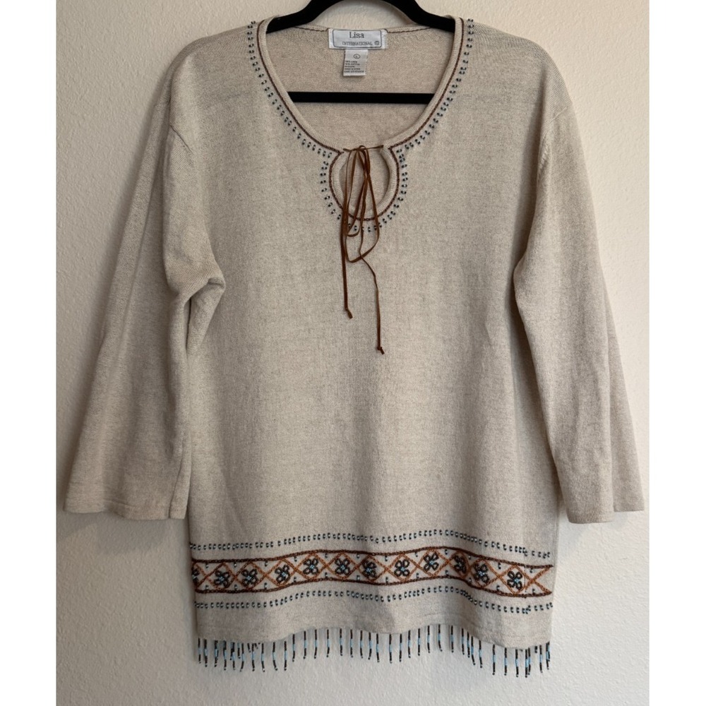 VTG Lisa International Women's Sz L Beaded Tassel Top Oat Western Cotton Linen